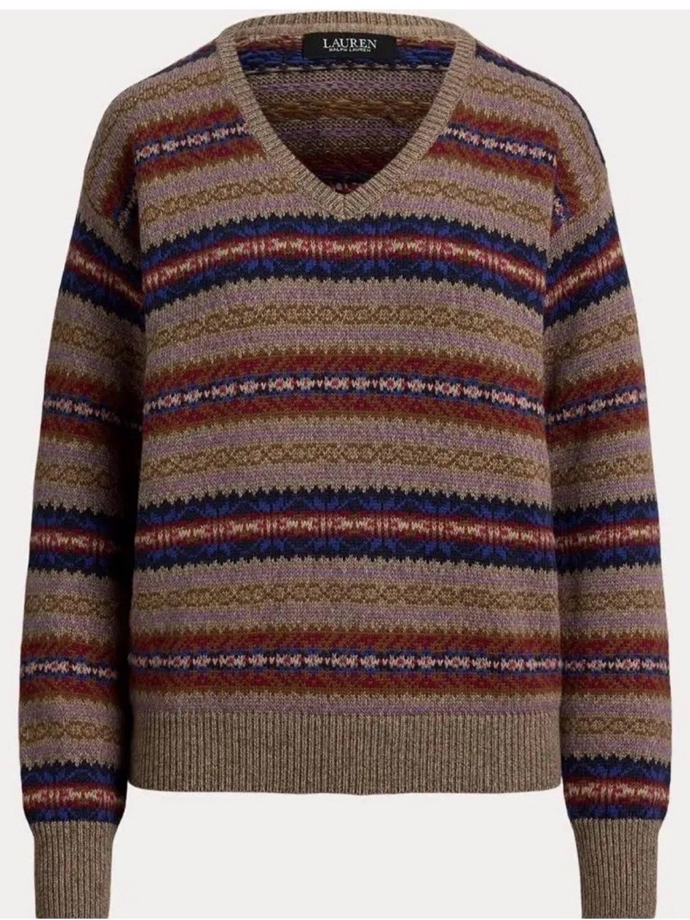 NWT$195 Ralph Lauren Women's Fair Isle Cotton Linen V-Neck Sweater Taupe L Large